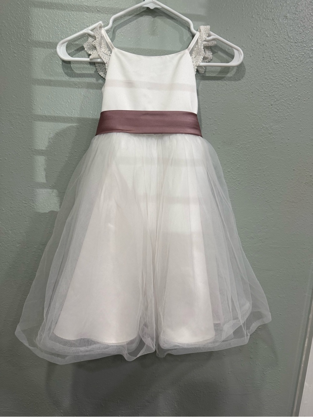 David’s bridalGirls White Tulle Dress with Dusty Rose Sash